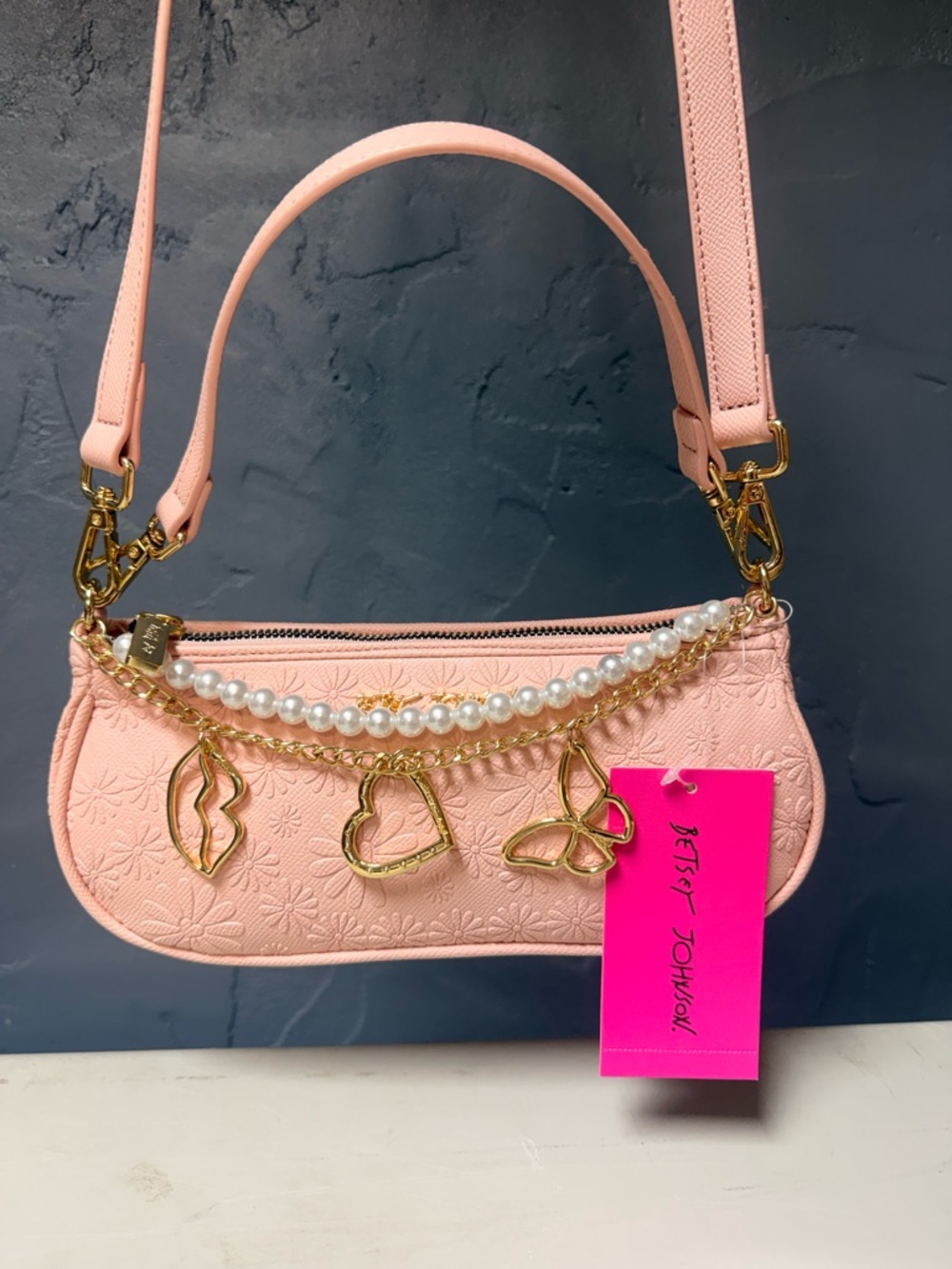 Betsey Johnson Blush Pink Pearl Charm Mini Shoulder Bag NWT